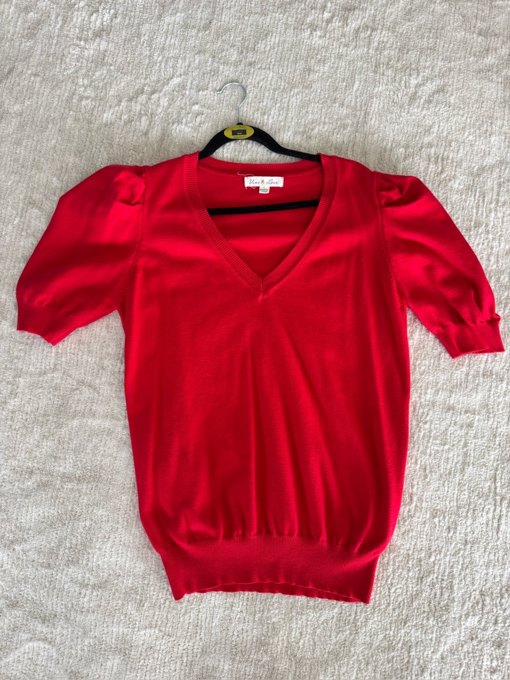 NWT Vine & Love Fine Gauge Puff Sleeve Sweater | Red V-Neck Knit - Picture 3 of 6